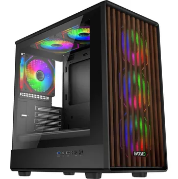 PC skříň EVOLVEO Panthera, mATX/6x ARGB 120/dřevo+sklo