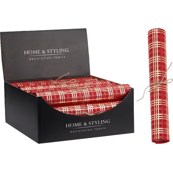 Organza látková 28x270 cm - červená, vzor káro zlaté barvy 599072