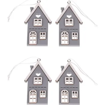 Vánoční dekorace Závěsný dřevěný domeček, šedá, v. 9 cm, SADA 4 KS