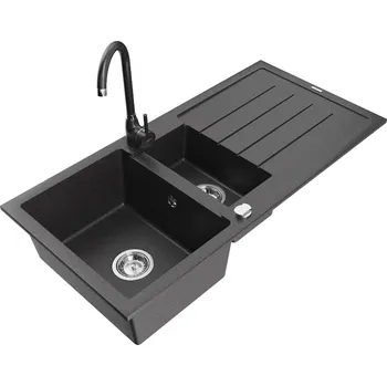 Granitový dřez MEXEN - Andres granitový dřez s odkapávačem včetně baterie Telma, černá nakrapiany 6515-76-670200-76