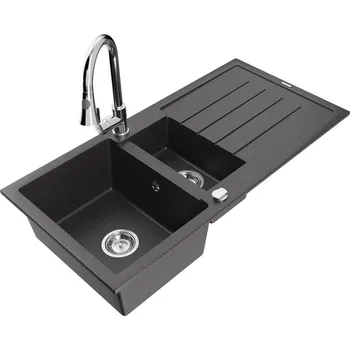 Kuchyňský dřez MEXEN - Andres granitový dřez s odkapávačem včetně baterie Elia, černá nakrapiany 6515-76-670101-00