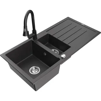 Granitový dřez MEXEN - Andres granitový dřez s odkapávačem včetně baterie Elia, černá nakrapiany 6515-76-670101-70