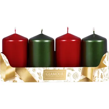 Svíčka Glamour Svíčky adventní d5x9cm MIX metal lesk 2+2ks - červená, zelená
