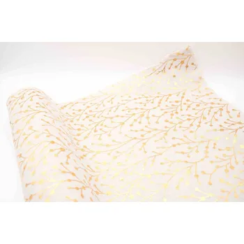 Jutová tkanina - šíře 48 cm - lomená bílá se zlatými větvičkami - balení 4,5 m