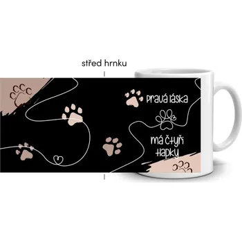 Bílý keramický hrnek 330ml s obrázkem - láska má čtyři tlapky (tmavý motiv)