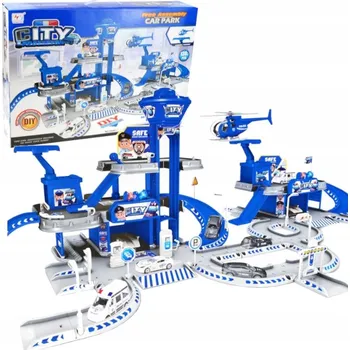 autíčko OBROVSKÁ POLICEJNÍ GARÁŽ S PARKOVIŠTĚM, POLICEJNÍ STANICE + 4 AUTA A HELIKOPTÉRA