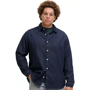 Oblečení a móda Velká pánská jeansová košile s dlouhým rukávem Jack & Jones 12283674 tmavě modrá (7XL)