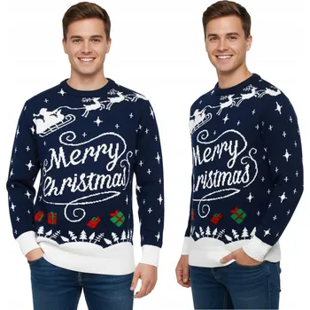 Pánský svetr TMAVĚ MODRÝ VÁNOČNÍ SVETR MERRY CHRISTMAS S MIKULÁŠEM NA SANÍCH PÁNSKÝ XXL