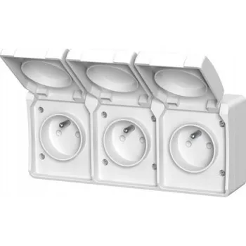 Elektrická zásuvka Trojitá zásuvka s uzemněním, nástěnná, s krytem Aqua Plus IP44, bílá / 40