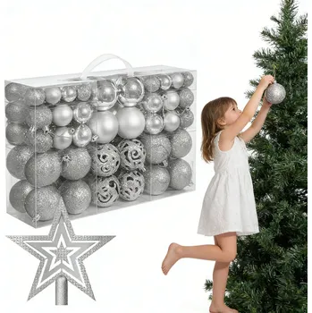Vánoční dekorace SADA VÁNOČNÍCH OZDOB NA STROMEČEK 101 KS STŘÍBRNÁ VÁNOČNÍ BAŇKY VÁNOČNÍ OZDOBY