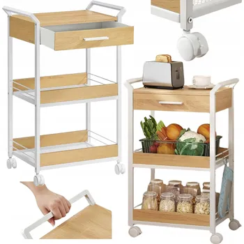 Servírovací stolek Kuchyňský vozík na kolečkách s látkovou zásuvkou, 3 úrovně, bílo-béžový