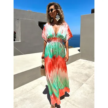 Dámské oblečení Zelenooranžové barevné dlouhé šaty DICKET s výstřihem Velikost: ONESIZE