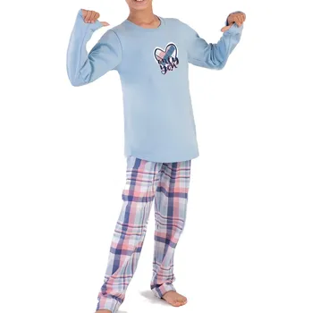 Dámské pyžamo Modré i růžové kárované teplé pyžamo z bavlny holčičí se srdíčkem ONLY YOU 1F0905 modrá 134-140-9-10-let