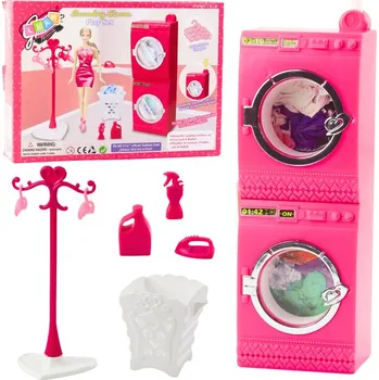 Doplněk pro panenku Sada na praní pro panenky pračka sušička ramínko koš růžová