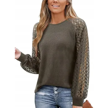 Dámský svetr Dámský elegantní svetr s krajkou, dlouhý rukáv, zelený, bavlněný, XL