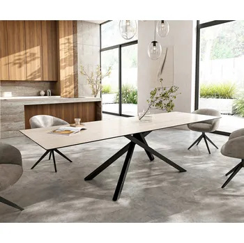 Jídelní stůl DELIFE Jídelní stůl Edge 300x100 cm keramika Laminam®Travertino Bianco krémová bílá křížová podnož černá