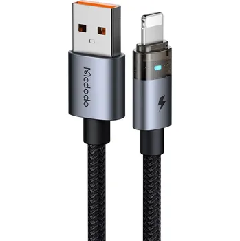 Mcdodo – datový kabel (CA-6910) – s nabíjecím světlem, USB-A na Lightning, průhledný kabel, 3A, 1,2m – černý