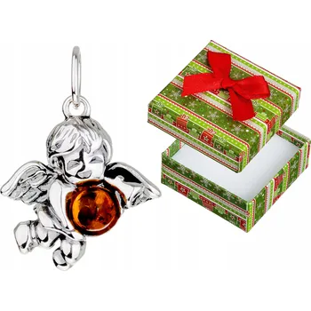 Přívěsek Stříbrný Přívěsek Andílek s Jantarem Malý Oxidovaný Závěsek Anděl 925