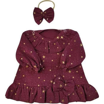 Kojenecké šaty Mušelínové šatičky s hvězdičkami + čelenka Z&Z, bordó, vel. 86 - 62 (2-3m)