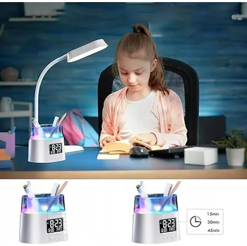 Lampička LED STOLNÍ LAMPA S DRŽÁKEM NA PERA, HODINAMI, 3 REŽIMY A RGB PODSVÍCENÍM, IDEÁLNÍ DO KANCELÁŘE