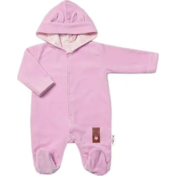 Kojenecký overall Semiškový, velurový overal s kapucí Baby Nellys New Bunny, růžový, vel. 62 - 74 (6-9m)