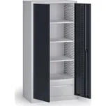 B2B Partner Policová dílenská skříň na nářadí KOVOS, perforovaný panel, 4 police, 2 zásuvky, 950 x 600 x 1950 mm, grafit