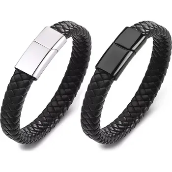 Náramek Pánský kožený proplétaný náramek Hyginus Černý - Délka 21,5 cm, Barva zapínaní Černá