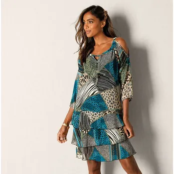 Dámské šaty Voálové šaty s průstřihy na ramenou a potiskem černá/khaki 52