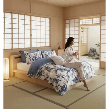 Povlečení Sada povlečení na peřinu 4 ks, modré květiny na bílém pozadí, 100% bavlna, 220 x 200 cm