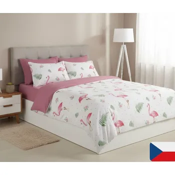 Povlečení Bavlněné povlečení Plameňák zelené 140 x 200, 70 x 90 cm knoflík