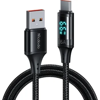 Náhradní díl pro mobilní telefon Mcdodo – datový kabel (CA-1080) – USB 2.0 na Type-C, s digitálním displejem, nylonové opletení, hliníková slitina, 6A, 1,2m – černý
