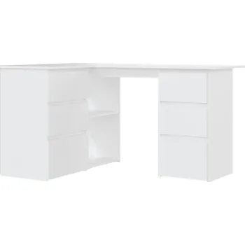Rohový počítačový stůl z dřevotřísky, bílý, 145x100x76 cm, 4 zásuvky