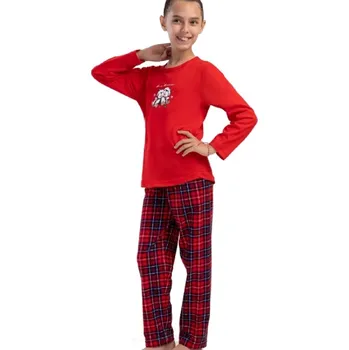 Červené kárované dívčí pyžamo vánoční tučňáci 1F0924 červená 110-116-5-6-let