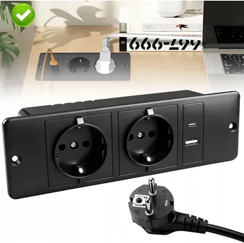 Elektrická zásuvka ZÁSUVKA ZAPUŠTĚNÁ DO DESKY STOLU + USB USB-C 250V Černá 2M