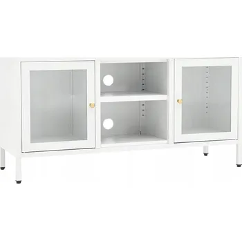 Televizní stolek Bílá TV skříňka 105x35x52 cm, ocelová, se skleněnou přihrádkou a nastavitelná
