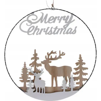 Vánoční dekorace VÁNOČNÍ LED DEKORACE ZÁVĚSNÁ KULATÁ SVÍTÍCÍ DŘEVĚNÁ PRŮMĚR 40 CM