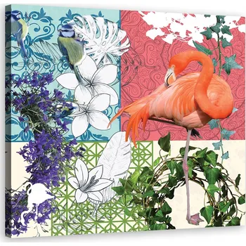 Obraz OBRAZ NA PLÁTNĚ Plameňák a ptáci koláž 60x60