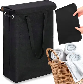 Koš na prádlo Úzký koš na prádlo s víkem a úchyty, černý, 45 l