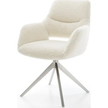 Jídelní židle DELIFE Jídelní židle Yago-Flex s područkami plyšový manšestr béžová křížová podnož široká nerezová ocel otočný 360° houpací funkce taštičkové pružiny