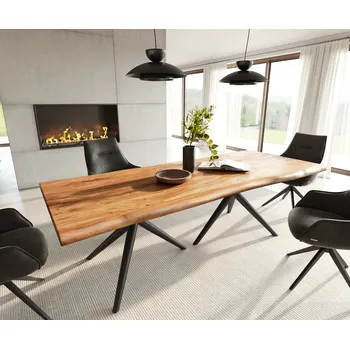 Jídelní stůl DELIFE Jídelní stůl Edge 240x100 akácie přírodní Estelar kulatý kov černý Live-Edge