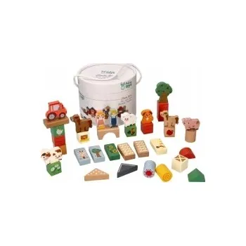 Dřevěná hračka Adamtoys dřevěné stavebnice farma – sada v kyblíku ke skládání, Montessori