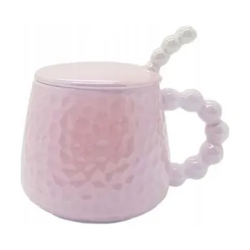KERAMICKÝ HRNEK SE LŽIČKOU A VÍČKEM RŮŽOVÝ 153420