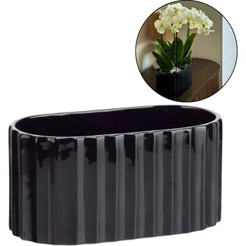 Květináč Černý keramický podlouhlý obal na květináč 27x14x13 cm oválný dekorativní květináč