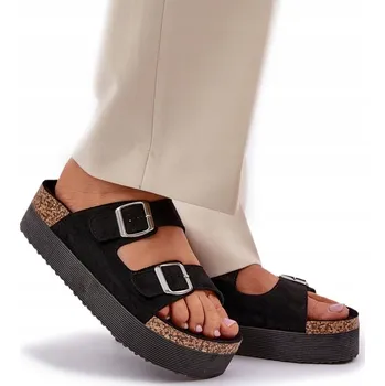 Dámské pantofle NAZOUVÁKY DÁMSKÉ ECO SEMIŠOVÉ S PÁSKY A PŘEZKAMI PLATFORMA ČERNÉ 40