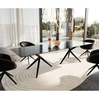Jídelní stůl DELIFE Jídelní stůl Edge 300x100 sklo s reliéfem kouřově černé 3D design Estelar kulatý kov černý