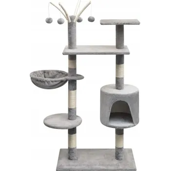 Škrabadlo pro kočky s domečkem a houpací sítí šedé 96 x 35 x 125 cm