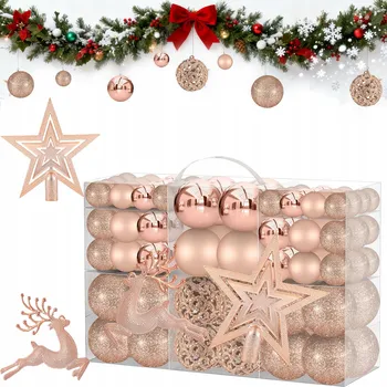 Vánoční dekorace VÁNOČNÍ BAŇKY NA VÁNOČNÍ STROMEČEK MEGA SADA 102KS XXL RŮŽOVÉ ZLATO PREMIUM
