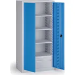 B2B Partner Policová dílenská skříň na nářadí KOVOS, perforovaný panel, 4 police, 2 zásuvky, 950 x 600 x 1950 mm, modrá