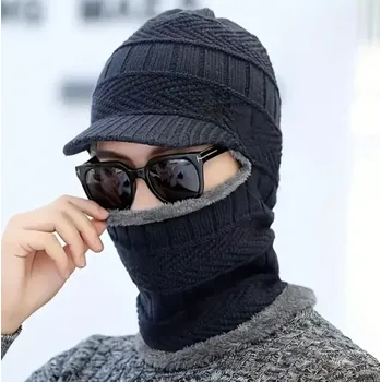 Kukla Pletená zimní kukla s kšiltem - TMAVĚ MODRÁ - (7-14 let) (Značka: BAIJIA)