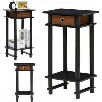 Noční stolek ČERNÝ DŘEVĚNÝ SKLÁDACÍ NOČNÍ STOLEK PŘÍRUČNÍ STOLEK SE ZÁSUVKOU A POLIČKOU